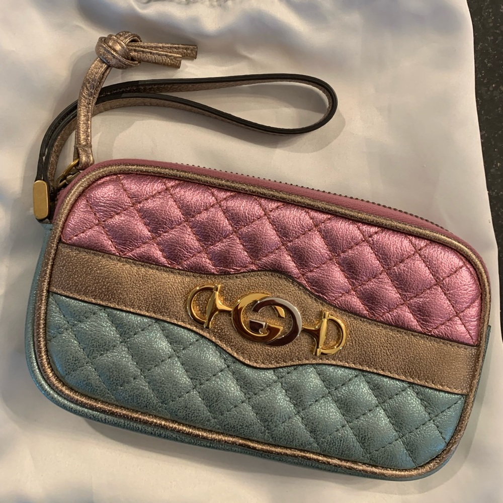 Gucci Women's Dionysus Logo Quilted Laminated Pink Blue Metallic Clutch